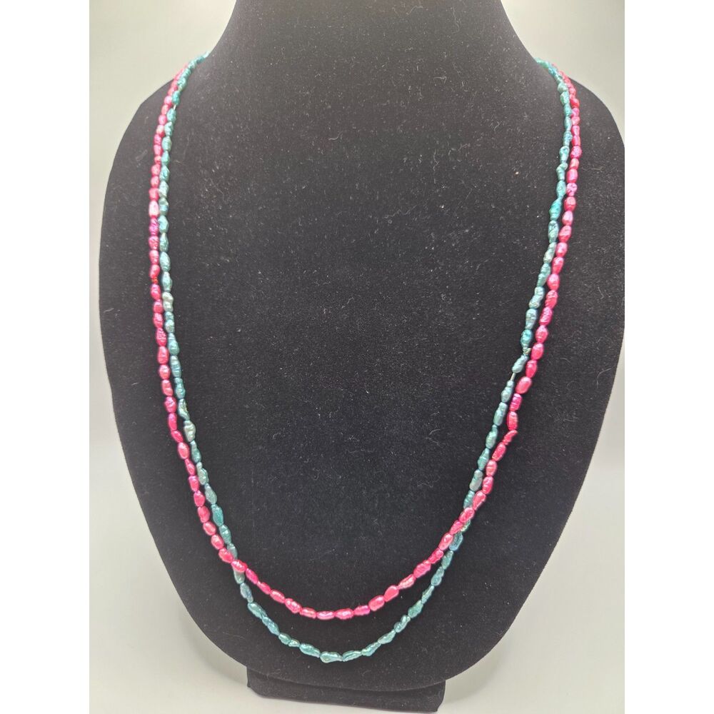 1832. Set of Two Dyed Fresh Water Rich Pearls Necklace Pink and Blue